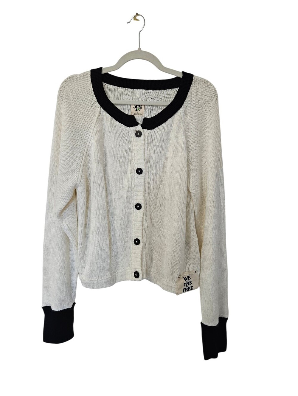 We The Free White Cardigan with Black Trim and Buttons